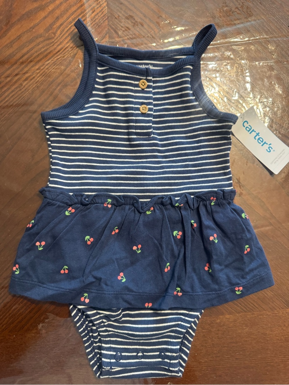 Carter's Navy & White Striped Romper Dress with Cherry Print